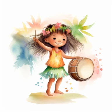 watercolour, adorable little hula dancer, she is 4 years old, dancing and playing a Hawaiian looking little drum, clipart