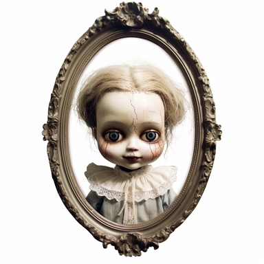 a demonic possessed antique doll with back to the viewer looking into the mirror, the reflection of the doll is staring directly at the viewer, pastel, ultra high-detail, dark outlines, white background, clipart