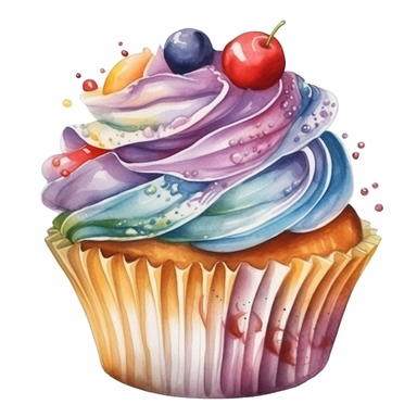 Watercolour of a cupcake, Clipart,Cartoon,hyper realistic, intricate detail isolated on a white background, high quality, sublimation, detailed, cartoon style