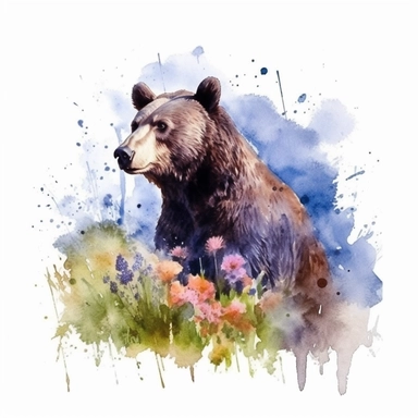 detailed watercolor clipart, photography style, beautiful bear, in a meadow, HDR, spring floral,self shadow, white background