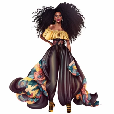 stunningly beautiful full body afican american woman clipart with voluminous big goddess loc of hair wearing a fashion nova outfit??, fashionable, isolated design, clipart image inspired by Hui Mu