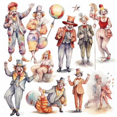 hand drawn vintage circus clowns acting silly , glamorous, soft, detailed and realistic, watercolor, clipart style, white background with margins