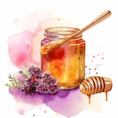 Watercolor illustration of honey in a jar and include a wooden spoon, a honeycomb, add hints of orange or red to enhance the richness and depth of the honey, add lavender and pink flowers, add watercolor splash in the background, hd, white background, clipart--ar3.2--s1000