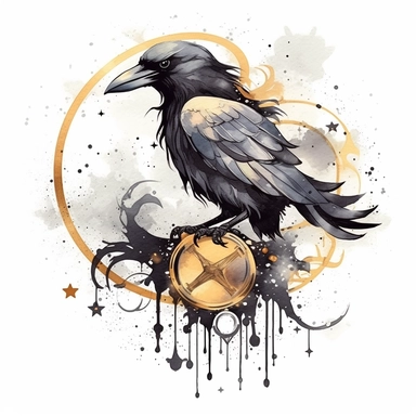 clipart watercolor creepy witch raven with crescent moon and stars, gold and gray color style, fantasy, detailed, white background, illustration painting, collaged constructions, digital art, in the style of sculptural and geometric, forced perspective drawings, Geometric brushstrokes form an intriguingly abstract, painterly figure