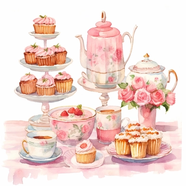 various the cups and teapots in the set with dessert table at a pink rose-themed tea party reminiscent of the traditional British afternoon tea, with a touch of love, featuring an assortment of delectable treats cartoon style, watercolor, pastel color palette, sunday afternoon tea time, different elements of tea time style, clipart, white background no black ground q4 s2.