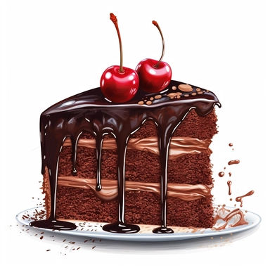 A delectable clipart featuring a moist chocolate cake slice with rich chocolate ganache dripping down the sides, adorned with a sprinkle of cocoa powder and a cherry on top