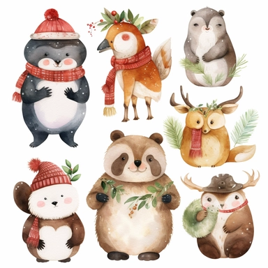 Cute Christmas animals, such as reindeer, penguins, polar bears, and owls, in festive outfits and accessories, watercolor png clipart on a white background