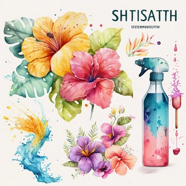 summer Illustrations, water festival , hibiscus flower, Floral Bouquet, squirt toy gun, water splash, Planner Graphics, Cheerful Colors, Hand-Drawn Art, Botanical Clipart, Watercolor Elements, single design, 8k
