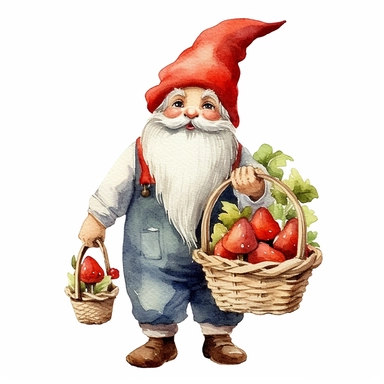 watercolor clipart of a very cute adorable garden gnome, holding a fruit basket, white background