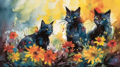 A vibrant watercolor of cats rendered as a digital clipart, drawing inspiration from the bold, expressive blooms found in Emil Nolde's garden paintings, featuring a vivid color palette that captures the flowers' natural radiance, illuminated by bright, contrasting light that emphasizes the rich, saturated hues and dynamic brushwork, and composed using an organic, free-flowing layout that conveys a sense of movement and growth.