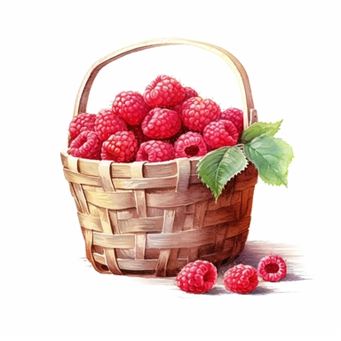 picturesque, simple, bright, the best simple Assorted raspberry in a basket in the world, clipart on white background, watercolor, painted by Beatrix Potter, 8k