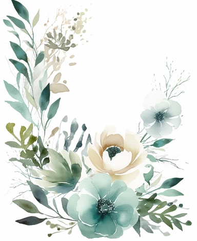 rectangle floral frame, thin border, green flowers and leaves, minimal with white space in middle, clipart, watercolor flowers, hand drawn, white background, clipart,
