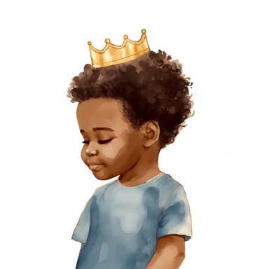 brown-skinned toddler boy with a gold crown, wearing a blue button up top, afro hairstyle, watercolor, soft illustration, sideview, faceless, minimalist art, clipart