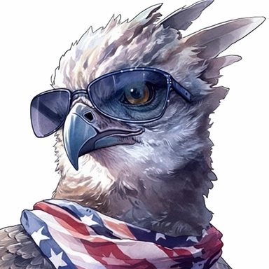 closeups shot, low angle, watercolor style, Harpy eagle, wears American flag scarf and sunglasses, hyper-realistic animal illustrations, 2d game art, quadratura, clipart, on white background,