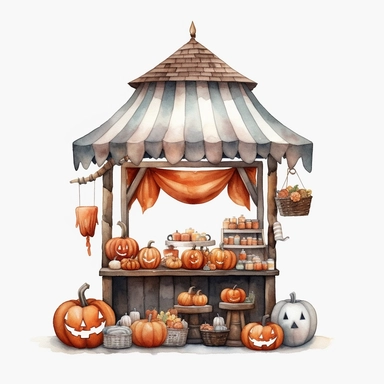 vector watercolor cute vintage miniature skinny tiny Halloween bakery stand with Halloween style decor clipart on white background, +miniature small tall Halloween bakery stand, fall, tiny Halloween shop, photorealistic, ultrarealistic, intricate detail, no background, on white, high def, 8k