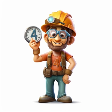 a character or mascot in a clip-art style wearing a hardhat with the number 4 on the center of the hard hat, the character needs to hold a clock in one hand should also be wearing safety gloves, a harness, toolbelt with a hammer hanging at his side and wearing safety glasses.