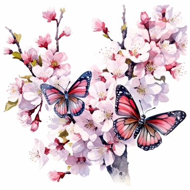 a crisp vivid realistic watercolor painting of a cherry blossom clipart bush with butterflies. white background