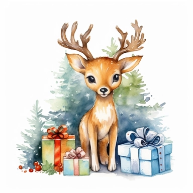 one watercolor christma deer clipart with christmas gifts and a tree on a white background, in the style of amanda clark, glorious, depictions of animals, realistic watercolor paintings , no watermark, text, 300 DPI , typography, shapes do not stick together, no text in the picture, on a white background