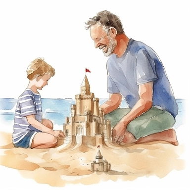 A father and son building a sandcastle on the beach, Watercolor, Clipart, detailed, high resolution, transparent background PNG