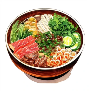 ramen in bowl clipart with toppings like sliced beef, green onions, nori, and a flavorful broth, white background vibrant watercolour, hight detail, 32K, HD
