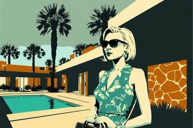 letraset clipart of a beautiful wealthy elegant 45 year old woman standing with her back to us, holding designer purse in front of a midcentury brutalist house swimming pool in palm springs, 1960's, happy, friendly, sunglasses, washingtonia palms, low camera angle, pool
