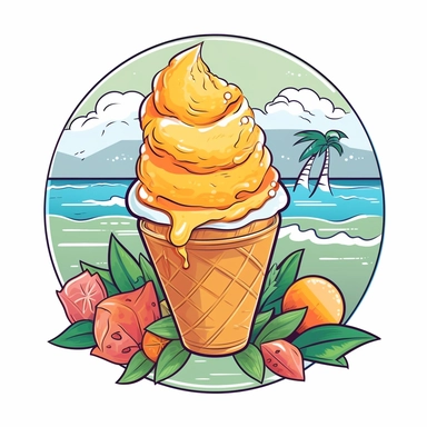 Step into a tropical paradise with a delightful clipart illustration featuring a refreshing mango ice cream in a playful cartoon style against a pristine white background. Picture a delightful ice cream cone topped with a generous scoop of mango goodness, radiating the cool and sweet essence of summer. Utilize a vibrant and lively color palette, incorporating shades of vibrant oranges, creamy yellows, and playful accents of white, to capture the mouthwatering allure of mango ice cream. Enhance t