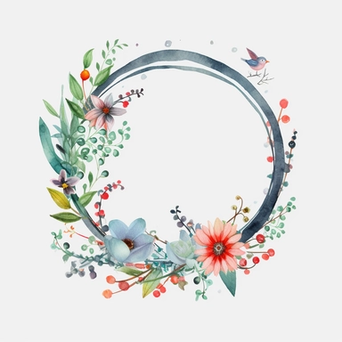 Springwood circle flower Christmas watercolor composition with twigs on a white background. wreath, frame, and border. Greeting card, poster, banner with space for text CUTE STICKER Frealistic cartoon in 32K UHD cute. 15 cm thick outline. Black color. There was no shadow on the ground. 8k with realistic watercolors and detailed illustrations. PNG clipart, transparent white background