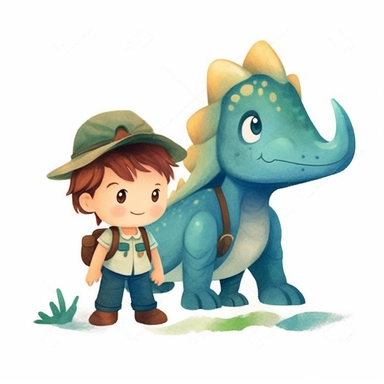 jurassic park boy and girl explorer on isolate white background, simple design, illustration, flat colors, simple lines, graphic novel style, 2d painting, watercolor painting style, trending on art station, digital art, childrens character design, happy mood, watercolor, pixar style cartoon, without line work, minimalist, clipart
