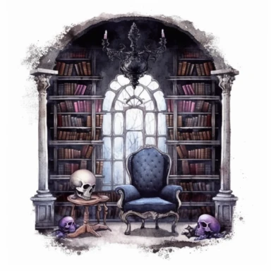 Gothic style library room with watercolor effect, suitable for digital clipart, white background, gothic scene, gothic colors, gothic tools, gothic roses,skull,dark scene