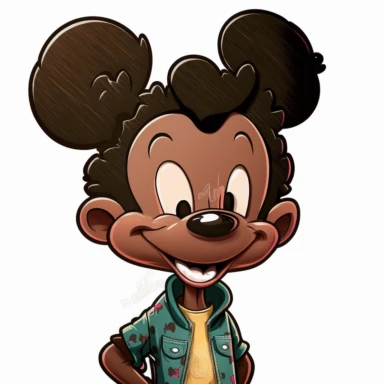 2d, beuatiful vibrant full body african american adult mickey mouse clipart, dark brown face, pink ears, cartoon realistic,