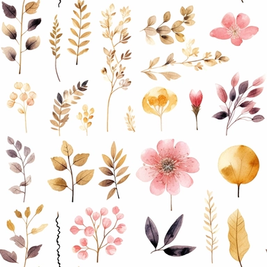 Draw a watercolor-style clip art images that feature objects related to an aesthetic adorned with floral designs. The images should have aesthetic, and should incorporate elements such as watercolor [gold] whimsical and cute illustration Watercolor Clipart, details with black ornaments on the body, in a Scandinavian folk art style with botanical and swirl motifs. light pink gold colors Traditional with a modern twist watercoloritem collection, isolated on a white background, gourmet, classy, sim