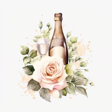 white beige rose border with leaves, champagnes bottle wedding, mystical, beautiful, white background, single clipart, halloween element, Sparkling ,watercolor
