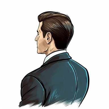 faceless dad in suit tie, looking over shoulder, angle shot, clipart,