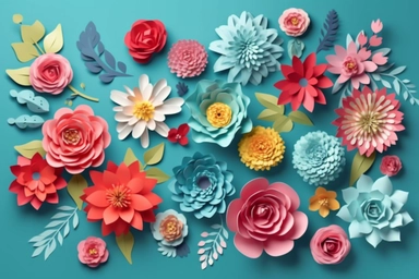 3d render, craft paper flowers, floral clip art set, botanical design elements, bright candy color, isolated on sky blue background vector art illustration