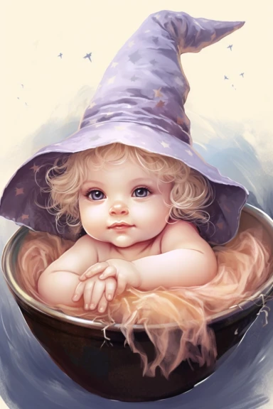 clipart, realistic newborn witch, pastel colors, vintage style