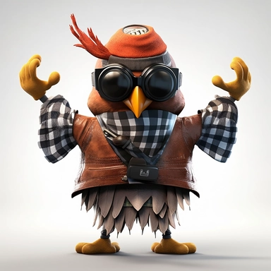 please create pixar style character clipart of an owl dressed like a rapper, back view with arms flexing, head front view