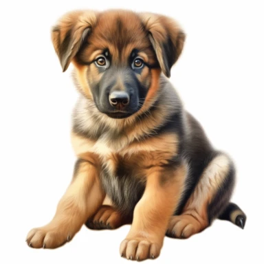 hyper-realistic clipart of an adorable German Shepherd puppy on a white background. Capture the playful and curious nature of the puppy, showcasing its intelligence and loyalty. Pay attention to the distinct features of the German Shepherd breed, including its pointy ears, expressive eyes, and beautiful coat markings. Use a mix of warm and neutral tones to bring out the puppy's natural colors and textures. Focus on the puppy's endearing face and capture its innocent and gentle expression. Add su