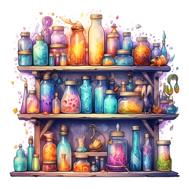 Witches PotionShelf Watercolor dreamy Clipart, pastel-core purple turquoise blue orange red yellow Magical Mystical Art, Fantasy Clipart, Witchcraft Potion many details style of Demizu Posuka no people