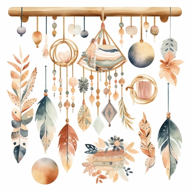 Create watercolor clipart of a boho baby mobile, featuring items such as geometric shapes, pom poms, and wooden beads. Use intricate patterns and muted colors to capture the playful yet understated boho vibe, white background