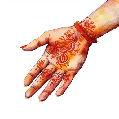 watercolor clipart illustration on a white background of a hand with a traditional bridal Mehndi (Henna) with Intricate designs