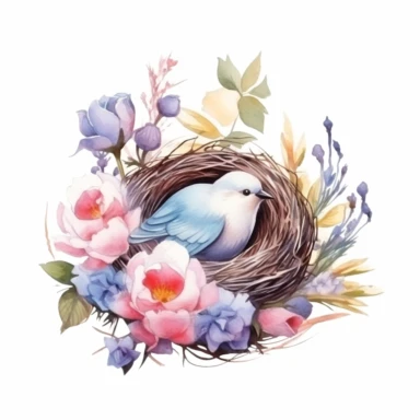 realistic Watercolor floral bouquet Nest with bird egg and bird Clipart, be creative and detailed, white background