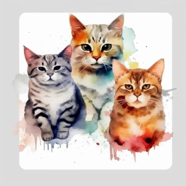 6 watercolor clipart cats,on lovely white backgroundspaced ,spaced out ar 3:2