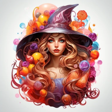 Sharp Illustration of a fantasy sweet candy witch clipart aginst white background in watercolor style, majestic scene, beautiful witch, sweets, vibrant colors, bubble gum, colorful candies, illustration style, vibrant colors, unreal engine 5, detailed illustration, high resolution, high quality, solid white background