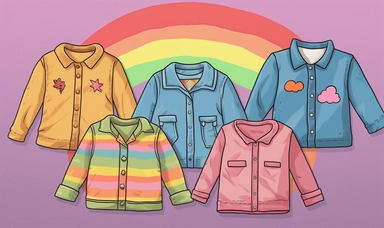kids clothes, baby girl, rainbow shirt clip art, in the style of colorful cartoon, sparse backgrounds, comic strip art, in the style of exquisite clothing detail, victor hammer, #vfxfriday, light pink and light indigo, toycore, flat form, ellsworth kelly, jan berenstain