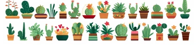 An image in a playful clipart style showcasing a variety of indoor plants in assorted pots. These plants vary in species from towering monstera plants to small, cute succulents, each portrayed with simplistic, yet appealing detail, typical of the clipart style. The pots themselves are an array of colors and designs, adding a dash of vibrancy to the scene. They are scattered across the scene, filling the 3:1 image aspect, each plant adding to the energetic and lively mood of the setting. This ima