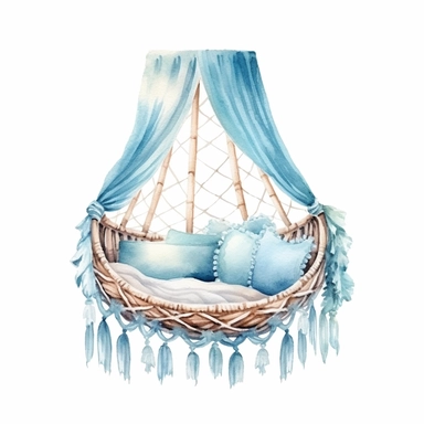 cute watercolor newborn boho Woven Macrame newborn bed, isolated white background, babyshower clipart, 8k, white light blue colors