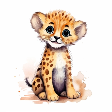 clipart full body friendly watercolour cute little baby cheetah, realistic, detailed, white background, contour