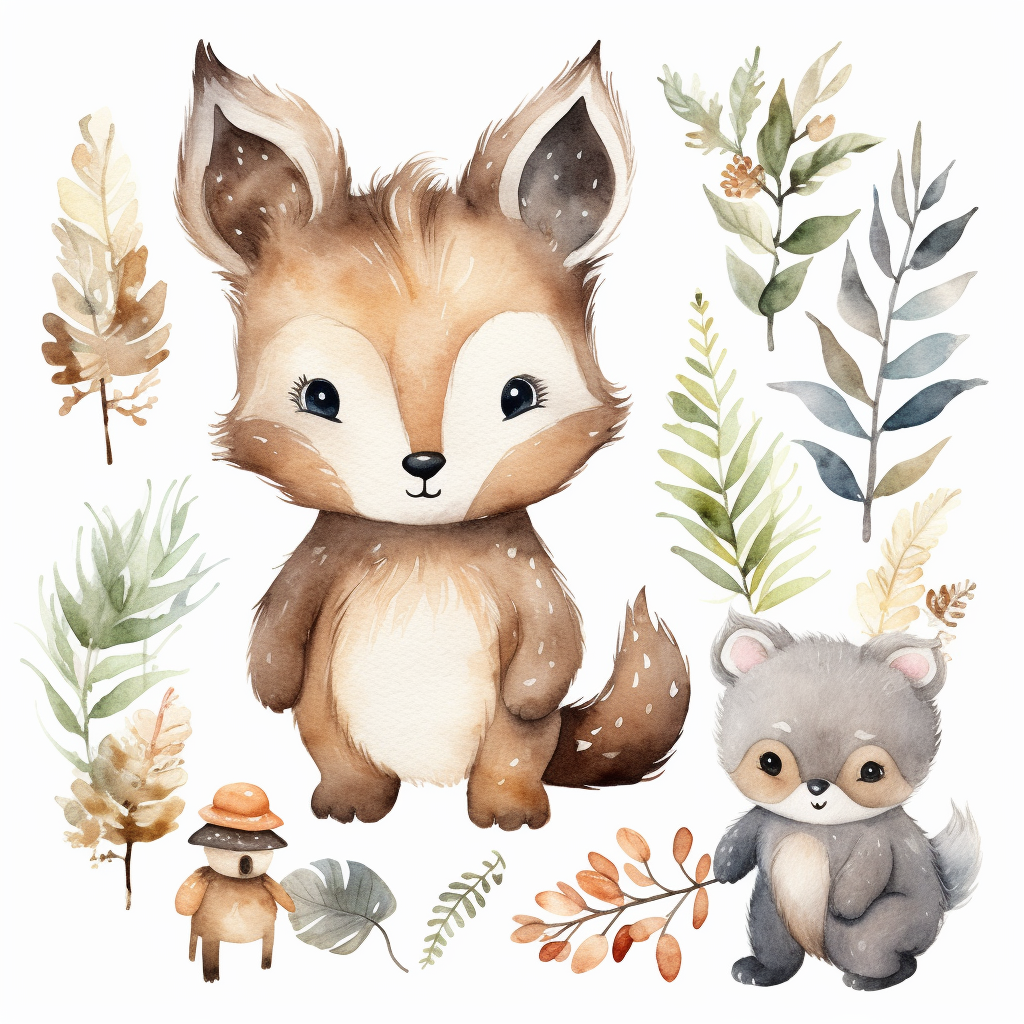 Cute Nursery Gender Neutral Colors Forest Animal Baby In Watercolor 