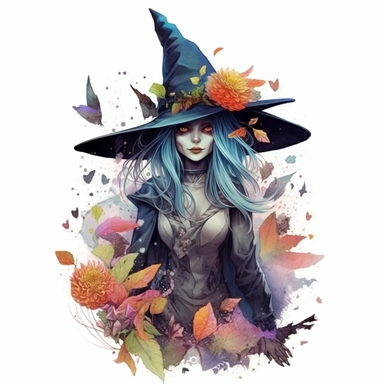 clipart, a spring witch with hat splattered on, angled view,artist yuumei style,aurorapunk, vivid realism, mixes realistic and fantastical elements,junglecore, animals and people, splatter painting,no background, different poses