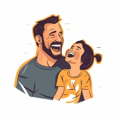 Father and daughter playing or laughing together, sticker style vector illustration for t - shirt, clipart, white background